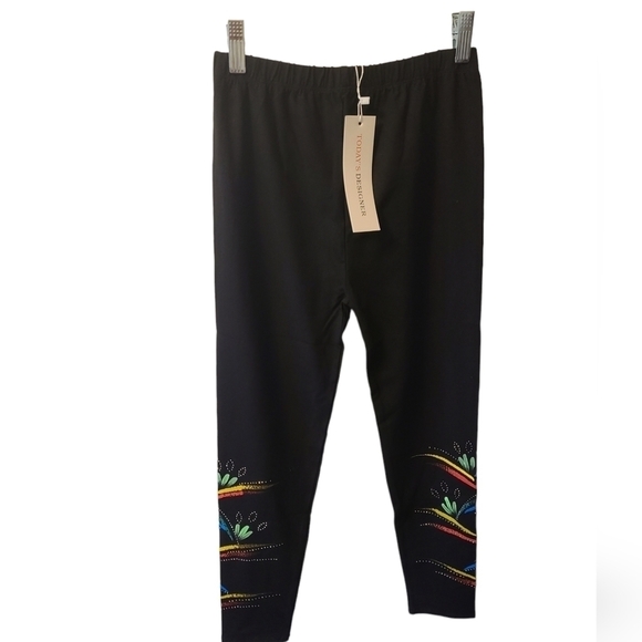 TODAY'S DESIGNER Black Leggings With Floral & Rhinestone Design Size Medium NWT - Picture 2 of 6